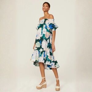 Cara Cara Zinnia Dress Green Retro Dahlia NWOT Size M Floral Off Shoulder Midi